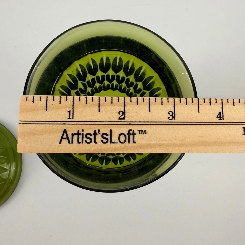 Indiana Glass Diamond Point Avocado Green Apothecary Jar Covered Pedestal